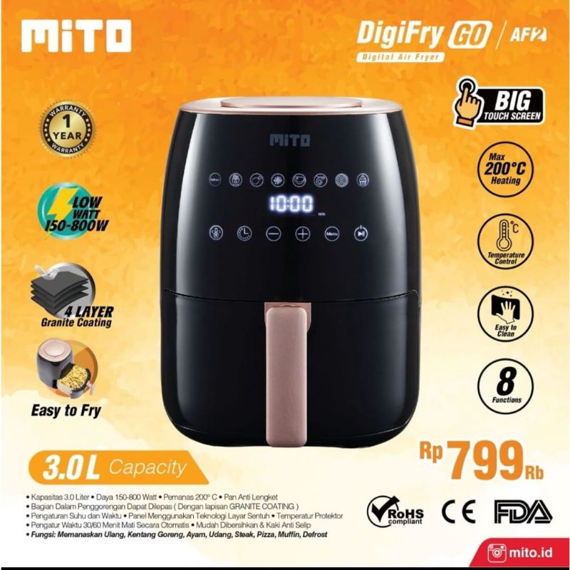 Jual Air Fryer Mito AF2 Digital Air Fryer Mito Kapasitas 3 Liter Low