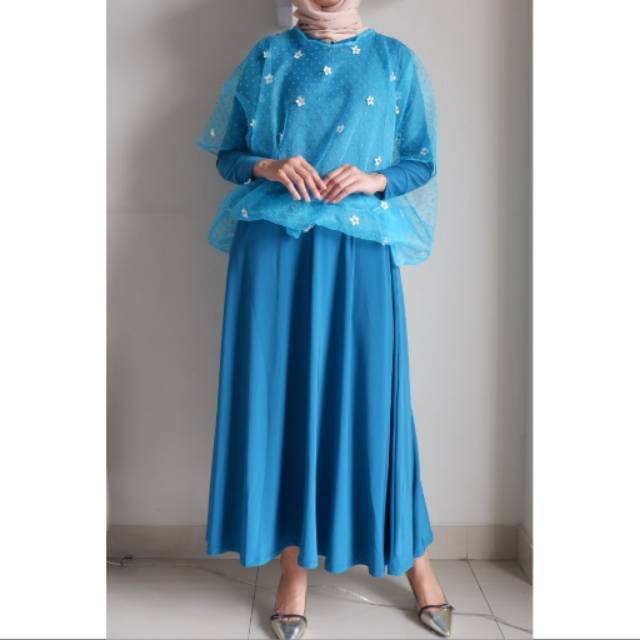 Jual Dress gamis ibu hamil ibu menyusui baju pesta muslim kaos organza dot  gamis biru tosca Indonesia|Shopee Indonesia