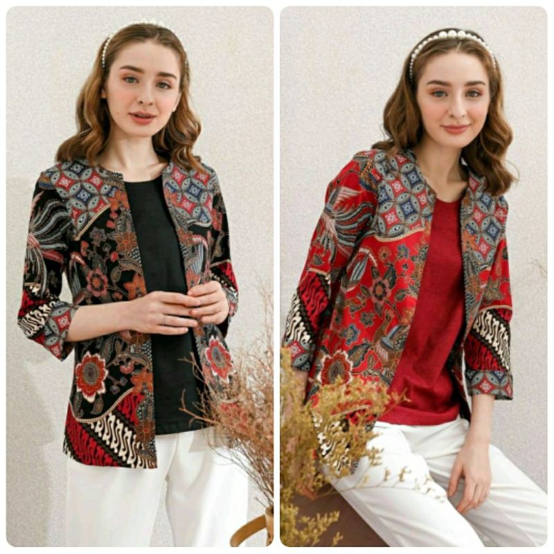 BLOUSE BATIK LENGAN PANJANG MODEL ROMPI WARNA MERAH, 242 ABON EDISI NATAL KATUN STRETCH