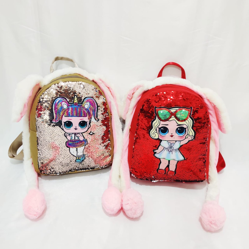 TAS RANSEL SEQUIN USAP LED LOL BULU NYALA TELINGA KELINCI