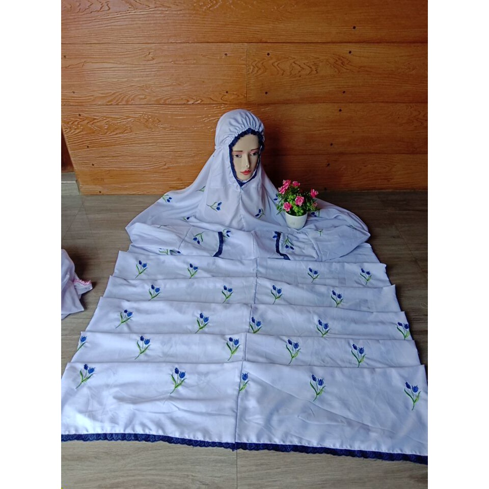 Mukena Dewasa Terusan Polino Silk Bordir Bunga Tabur Seribu Tulip