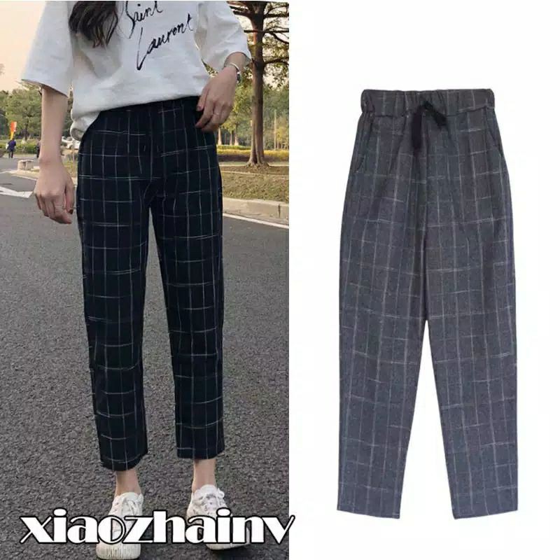 Celana tartan motif kotak kotak bahan gabardin / celana wanita kotak kotak /BUGGY PANTS / CELANA