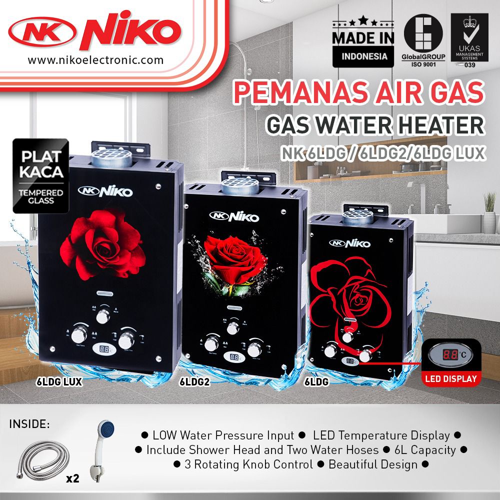 Jual Water Heater Gas Pemanas Air Niko Tempered Glass LED Display