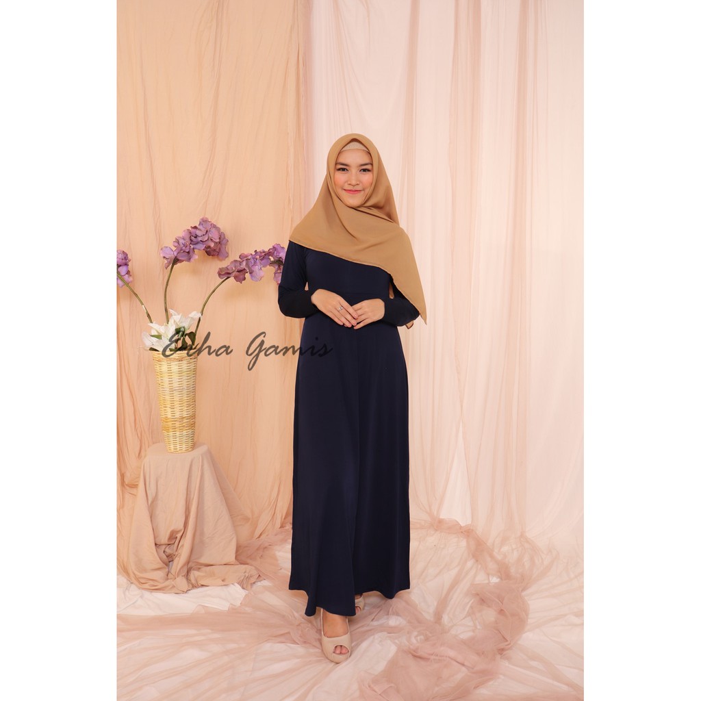 Gamis Maxi Polos Bahan Jersey Original Warna Navy Biru Dongker