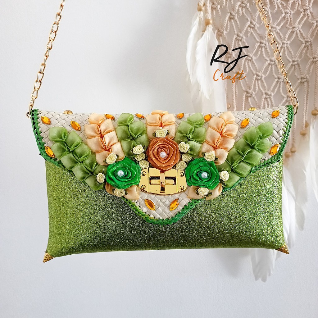 RJ CRAFT Tas Pesta Wanita Gliter Trendy Anyaman Pandan Tas Selempang Wanita Tas Party Wanita