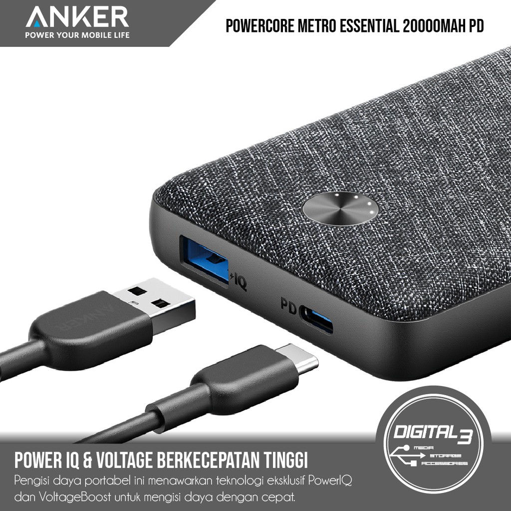 Jual Anker Powerbank Powercore Metro Essential 20000Mah Pd New Fabric A1281 | Shopee Indonesia