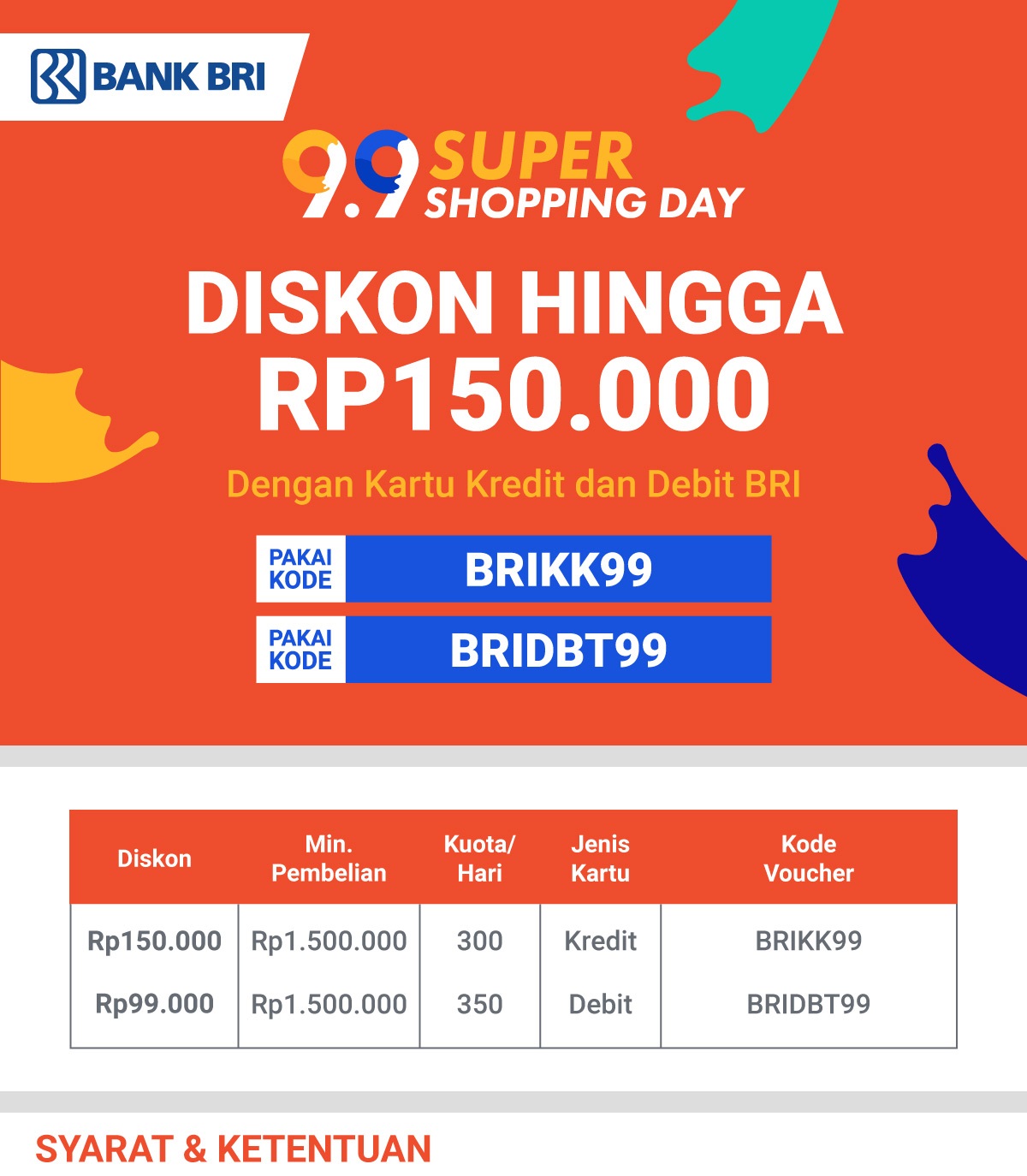 Diskon Hingga Rp 150.000 Bank BRI Promo Spesial 9.9 Shopee