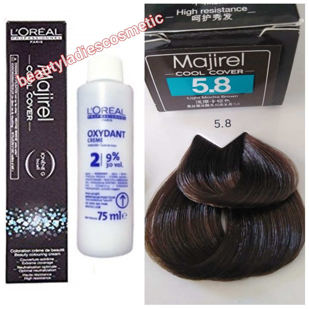 Jual L'oreal Majirel Cool Cover Light Mocha Brown No. 5.8 50 Ml & Oxydant 75 Ml | Shopee Indonesia