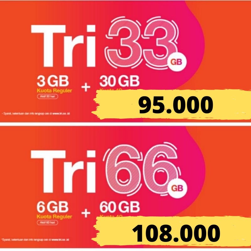 Convert Pulsa Isi ulang Voucher vocer Kuota 3 tri 32GB 33GB 66GB 30 Hari Shopee Indonesia