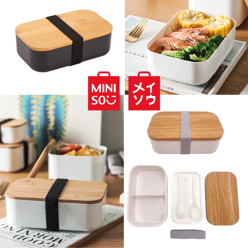 Jual MINISO Kotak Makan 900ml + Gratis Sendok Garpu Lunch Box 2 Grids