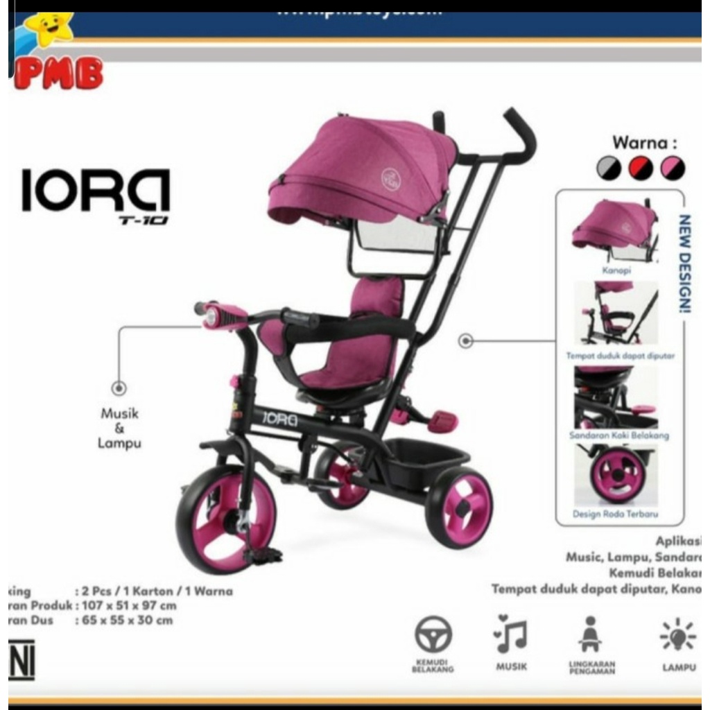 Sepeda roda tiga stroller PMB IORA T10 Kursi hadap depan belakang ic
