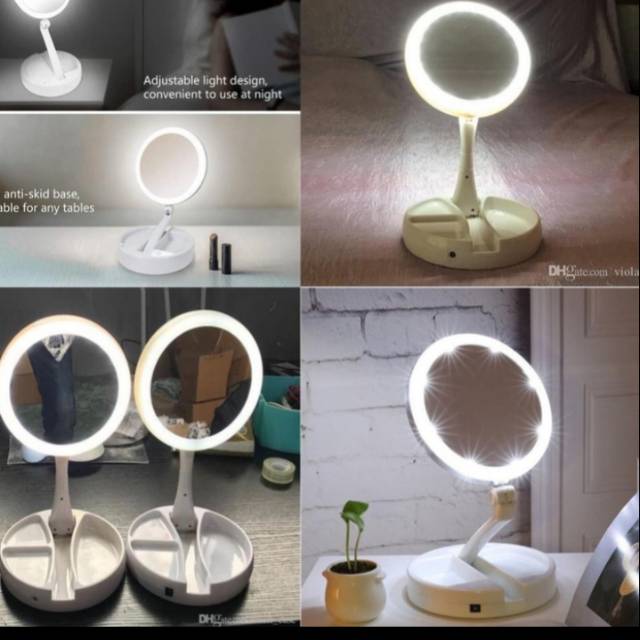 CERMIN PUTIH BULAT LAMPU LED MIRROR DUA SISI USB BATERAI MAKEUP BARU