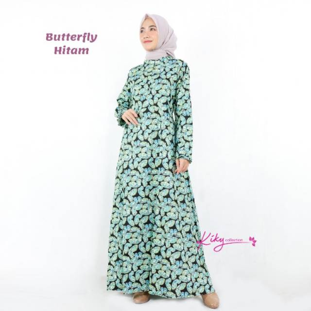 Gamis Katun Jepang Original Kekinian Cantik Wanita Dewasa Motif Butterfly Gold Hijau Hitam Pink