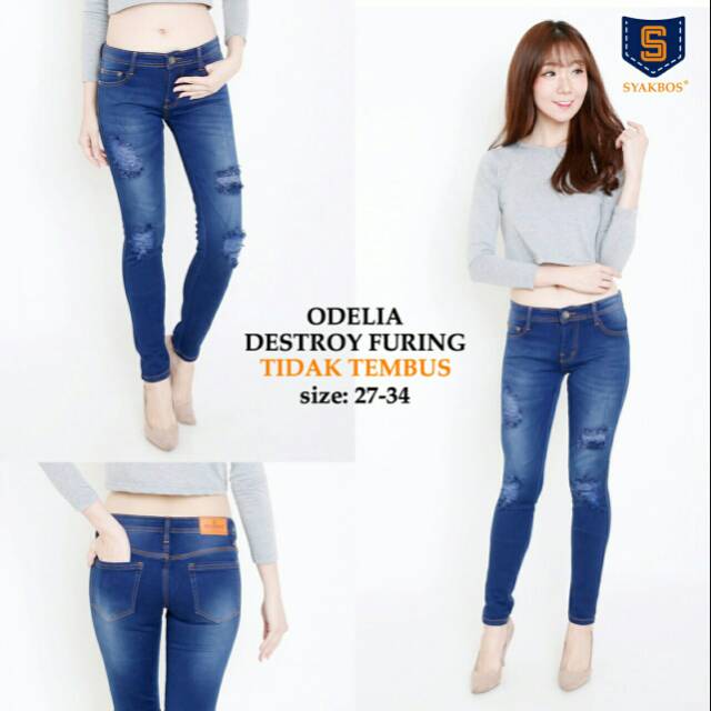 Celana Jeans Cewek/Wanita Model Sobek Ripped Robek Lapis Furing Tidak Tembus Stretch Odelia