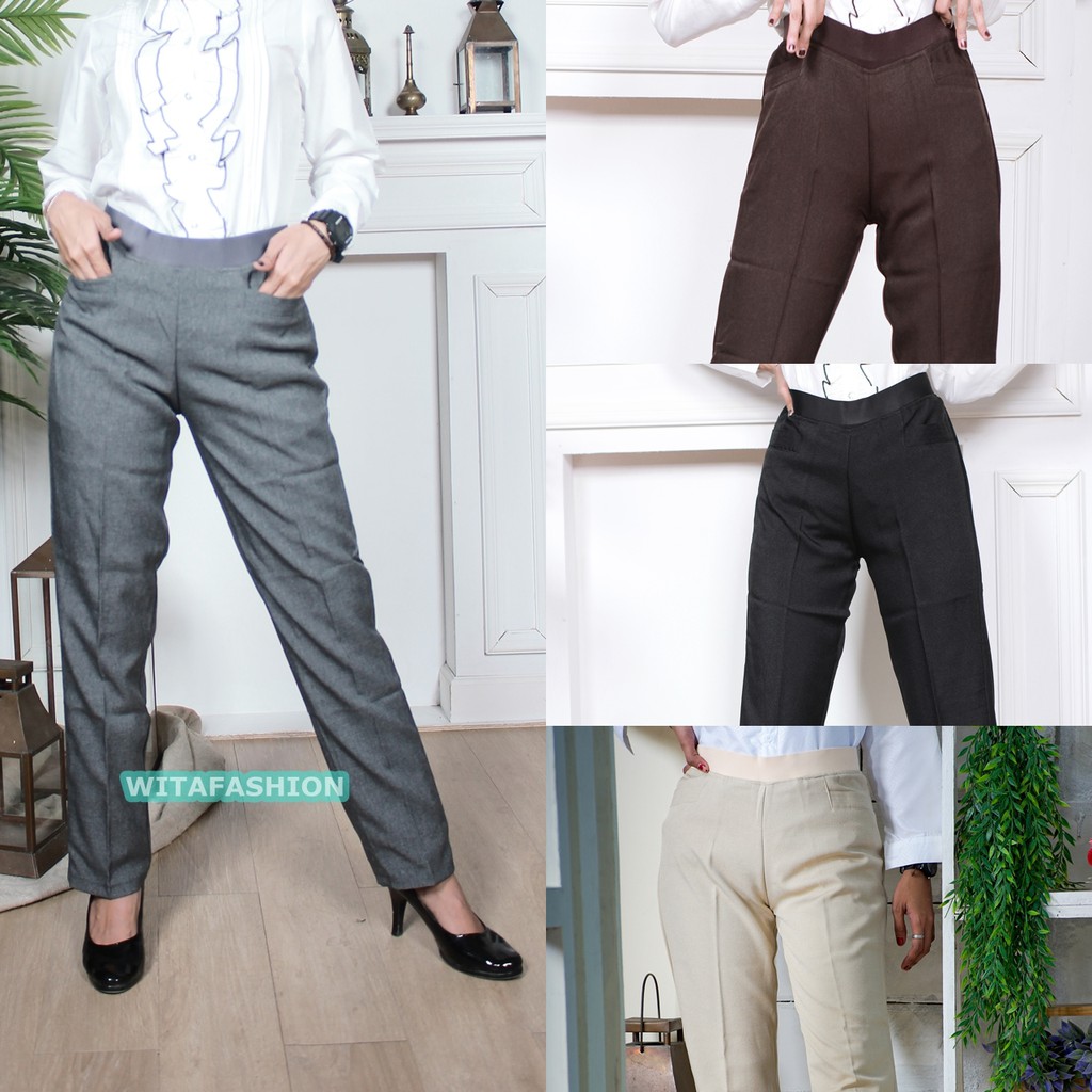 Celana bahan panjang wanita PINGGANG KARET JUMBO kerja cewek kantor