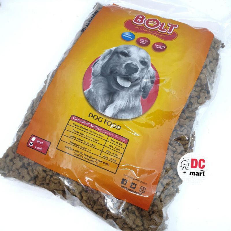 BOLT DOG FOOD REPACK 1KG / Makanan Hewan Anjing Kering Lamb Beef