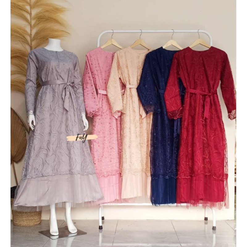 Gamis Syari Brukat Tile Mutiara Sabrina Mix Velvet Import Jumbo XXL