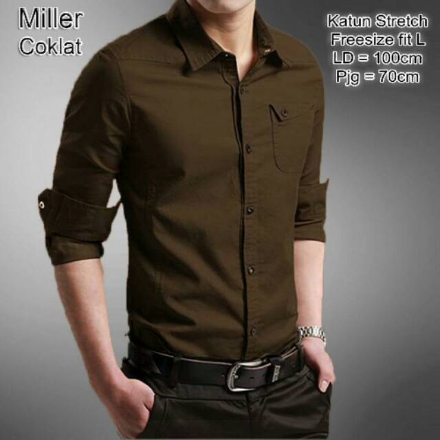 Jual Kemeja Pria Lengan Panjang Model Miller Warna Coklat Tua Pakaian Laki Laki Baju Cowok Kerja Artis | Shopee Indonesia