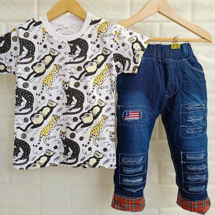 SETELAN BAJU ANAK LAKI LAKI ANIMAL CELANA JEANS PANJANG 1