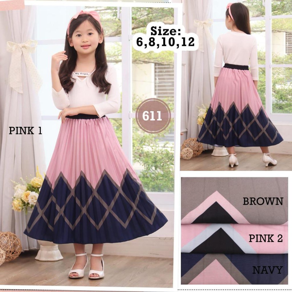 RR 611 ROK ANAK PEREMPUAN SD KECIL PLISKET PRINT MOTIF WARNA POLOS MURAH GROSIR KARET PANJANG