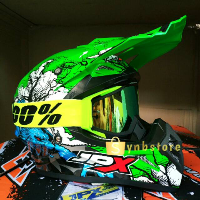 Jual helm jpx moto cross trail ktm crf klx x14 wolf serigala hijau gloss plus goggle 100