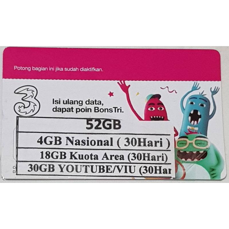 VOUCHER TRI AON 4++ / 22GB / 52GB Shopee Indonesia