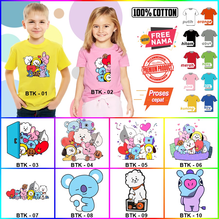 Baju Kaos ANAK DAN DEWASA KEKINIAN KARAKTER bt21 bt 21 COUPLE (FREE