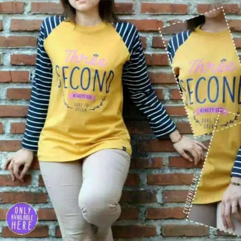 Kaos panjang/raglan panjang wanita 3second badan kuning mustard lengan