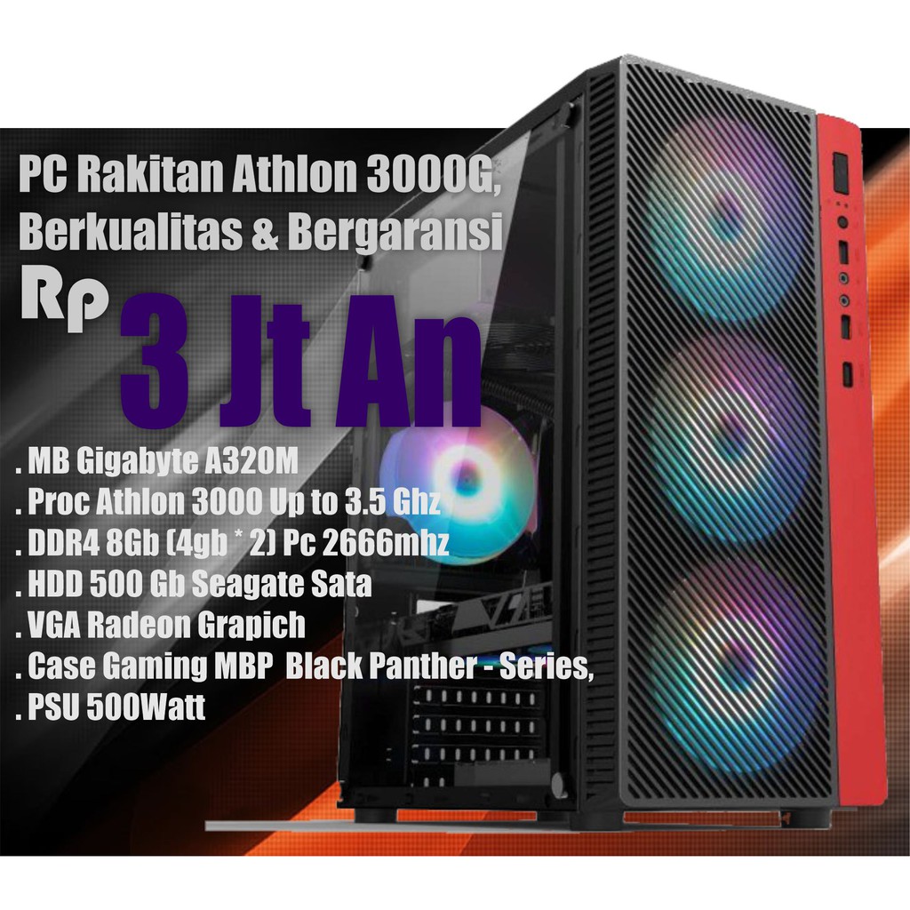 PC GAMING AMD ATHLON 3000G DDR4 8GB HDD 500GB VGA VEGA 3 GRAPH 2GB