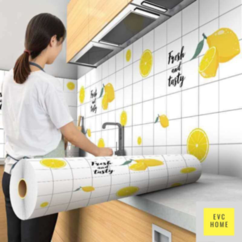 Jual wallpaper stiker dinding dapur kotak putih motif lemon kuning 3 m