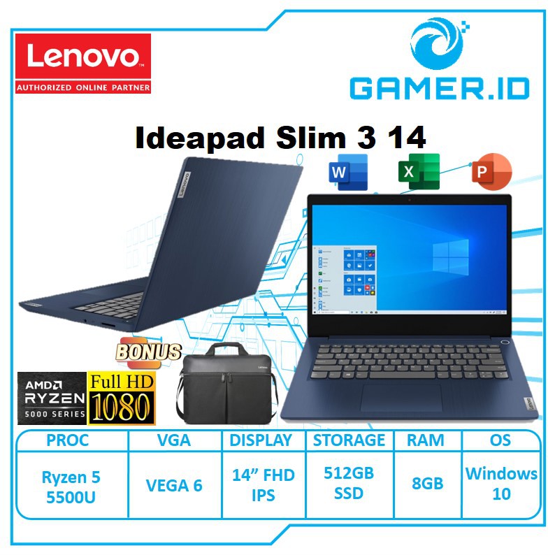 Lenovo Ideapad Slim 3 14 Ryzen 5 5500u 8gb 512gb Ssd Vega6 Win10 Ohs 14 Fhd Ips Blue Shopee Indonesia