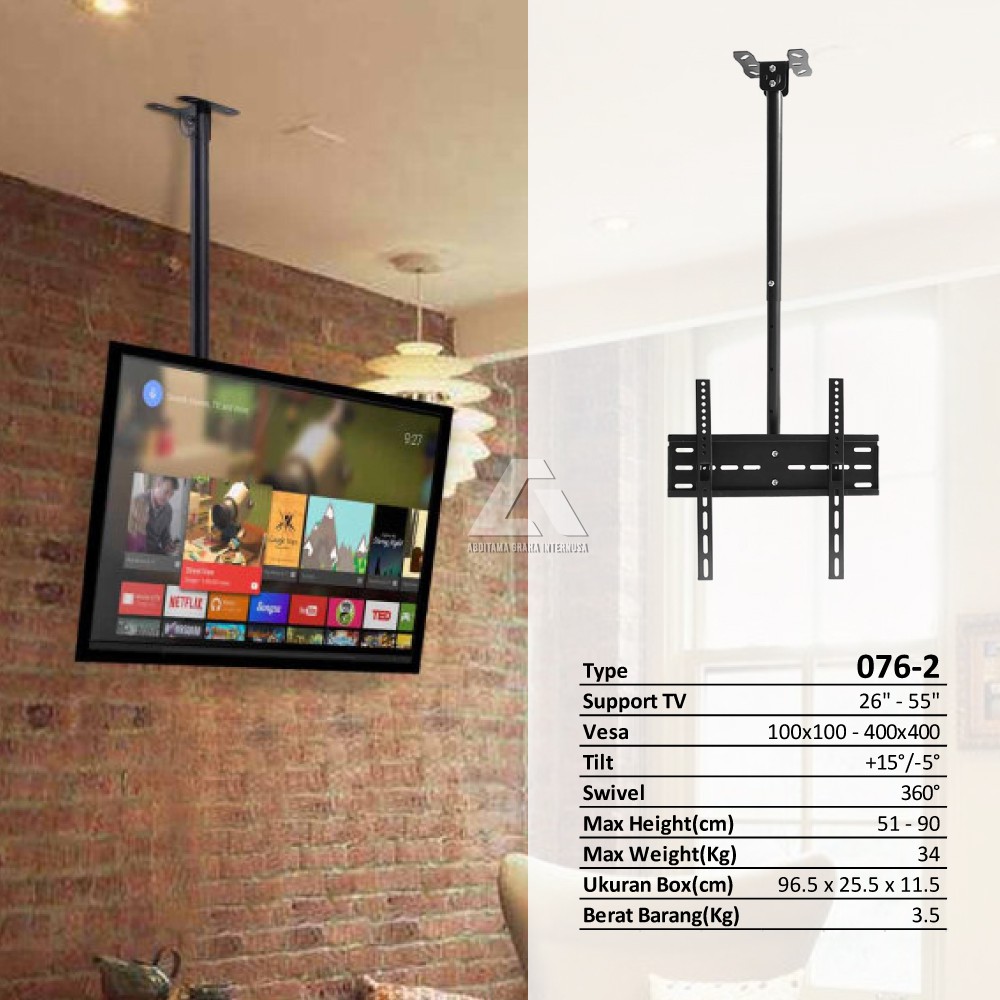 Jual Bracket TV gantung ceiling plafon 26"55" Tilt Swivel pajg 5190