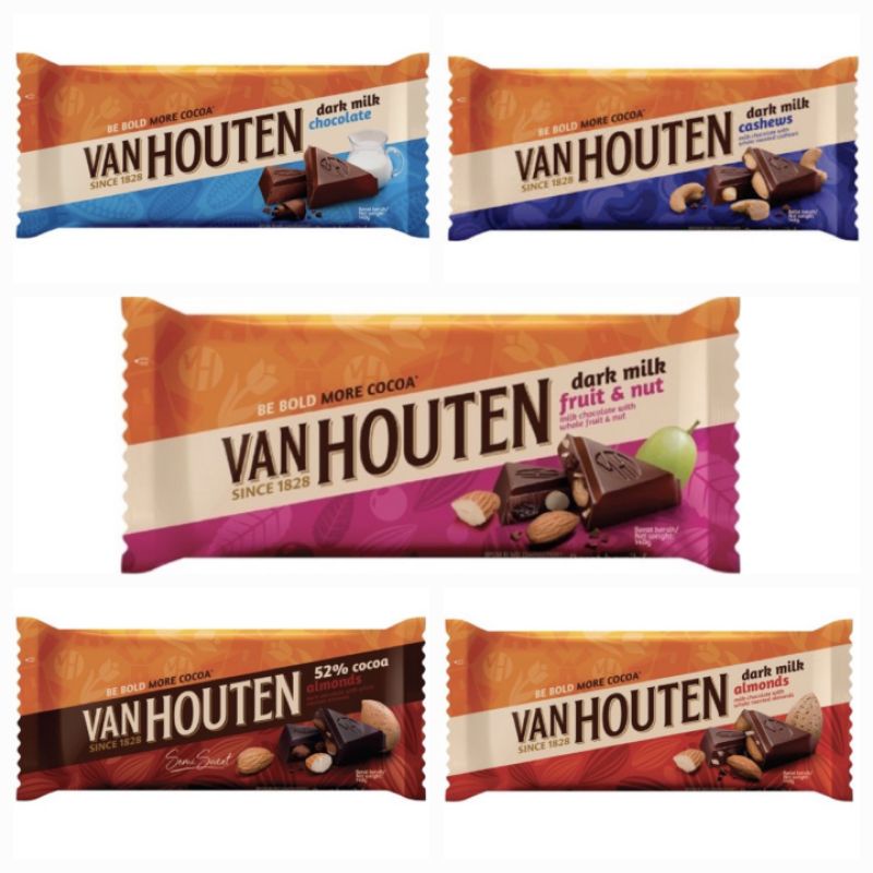 Jual Coklat Van Houten 140 Gram Dark Chocolate Fruit And Nut Milk Cashews Almond 52% Cocoa Cokelat Vanhouten 140Gr Halal Coklat Batang Van Houten All Varian | Shopee Indonesia
