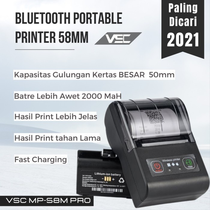 Jual PRINTER THERMAL BLUETOOTH 58mm VSC MP58M PRO BATERAI 2000MAH