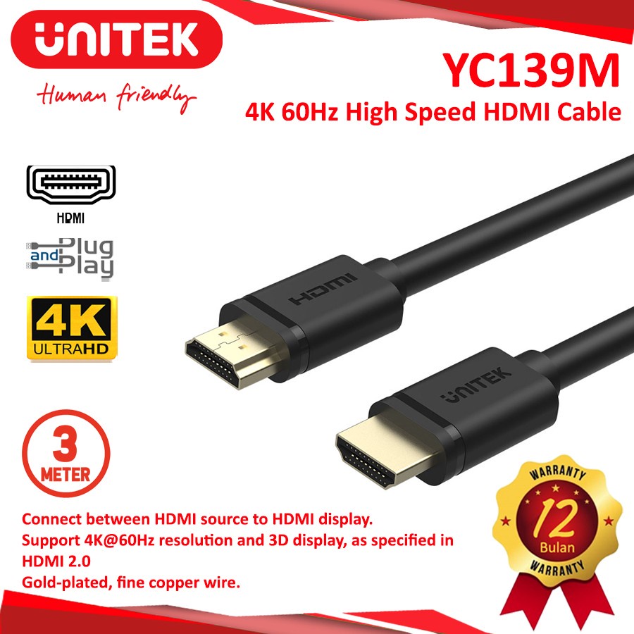 Jual Kabel Hdmi 2.0 3 Meter 3M Support 4K Ultra Hd Unitek Yc139 Yc139M Y-C139M | Shopee Indonesia