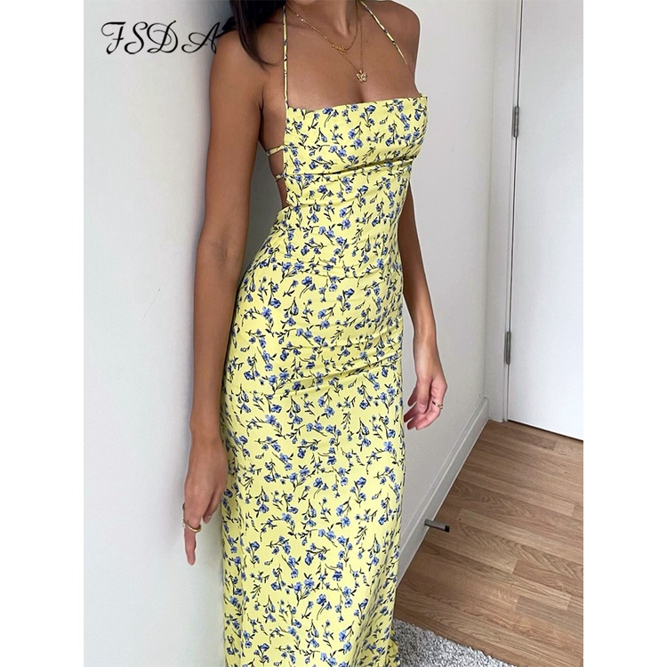 Jual FSDA Floral Print 2022 Women Sexy Bodycon Dress Midi Backless Boho