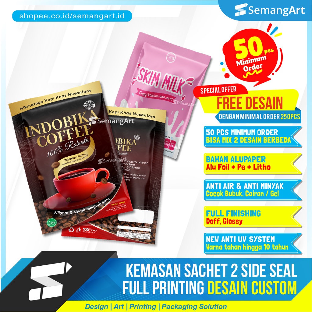 Jual Kemasan Sachet Full Printing Saset 2 side bungkus kopi minuman