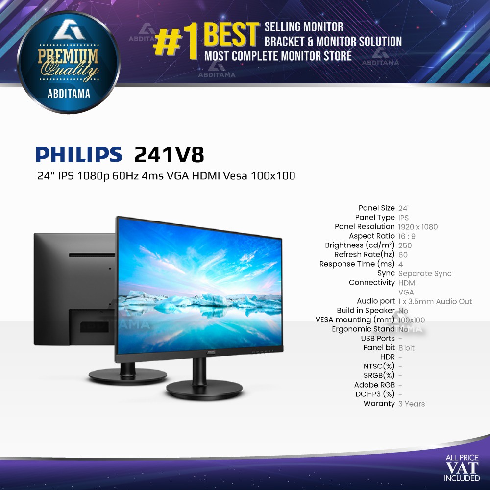 Jual Monitor Led Philips 241V8 24" Ips 1080P 75Hz 4Ms Vga Hdmi Vesa 100X100 | Shopee Indonesia