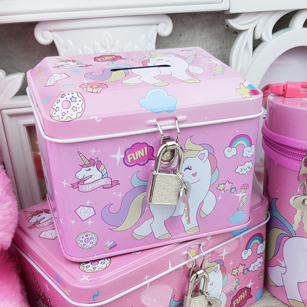 CJ8700 Celengan Kaleng Bentuk Segi Motif Unicorn+Gembok