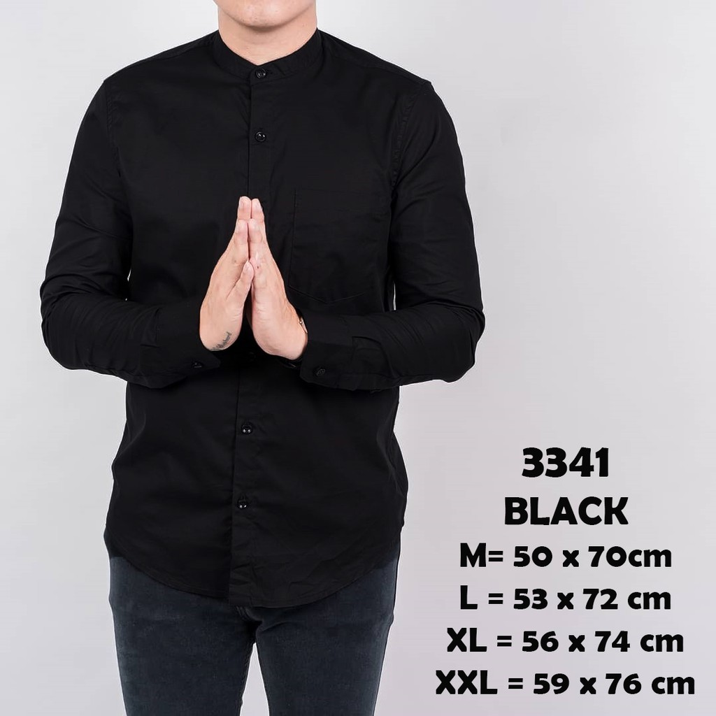 Kemeja Pria Lengan Panjang Kemeja Polos Kerah Shanghai Hitam Black