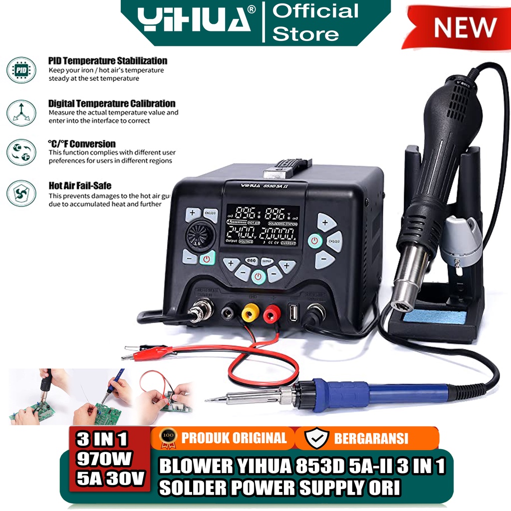 Jual Yihua 853D 5AII Blower Solder Uap Hot Air Gun SMD Rework 3 IN 1