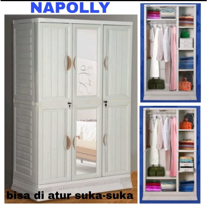 Jual LEMARI PAKAIAN PLASTIK JUMBO 3 PINTU KACA FULL KUNCI + LACI