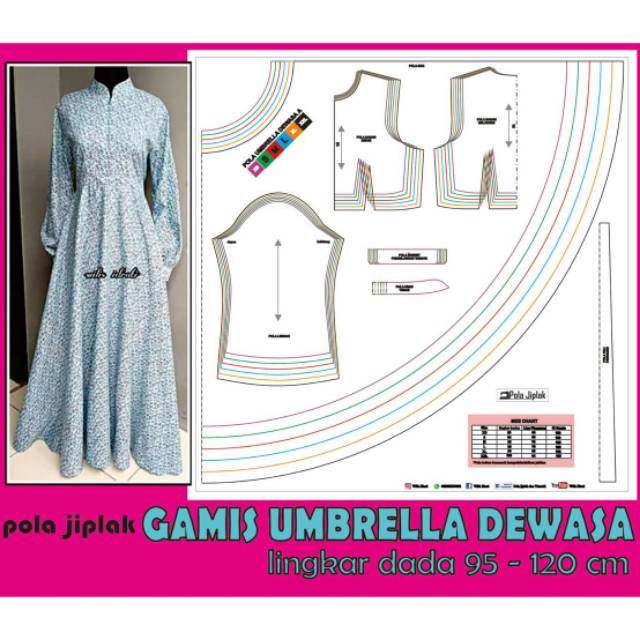 Pola Jiplak Gamis Umbrella Dewasa LD 95 cm - 120 cm
