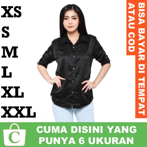 XS S M L XL XXL Kemeja Satin Wanita Hem Cewek Jumbo Big Size Panjang Polos  Saku Kantor Formal HITAM | Shopee Indonesia
