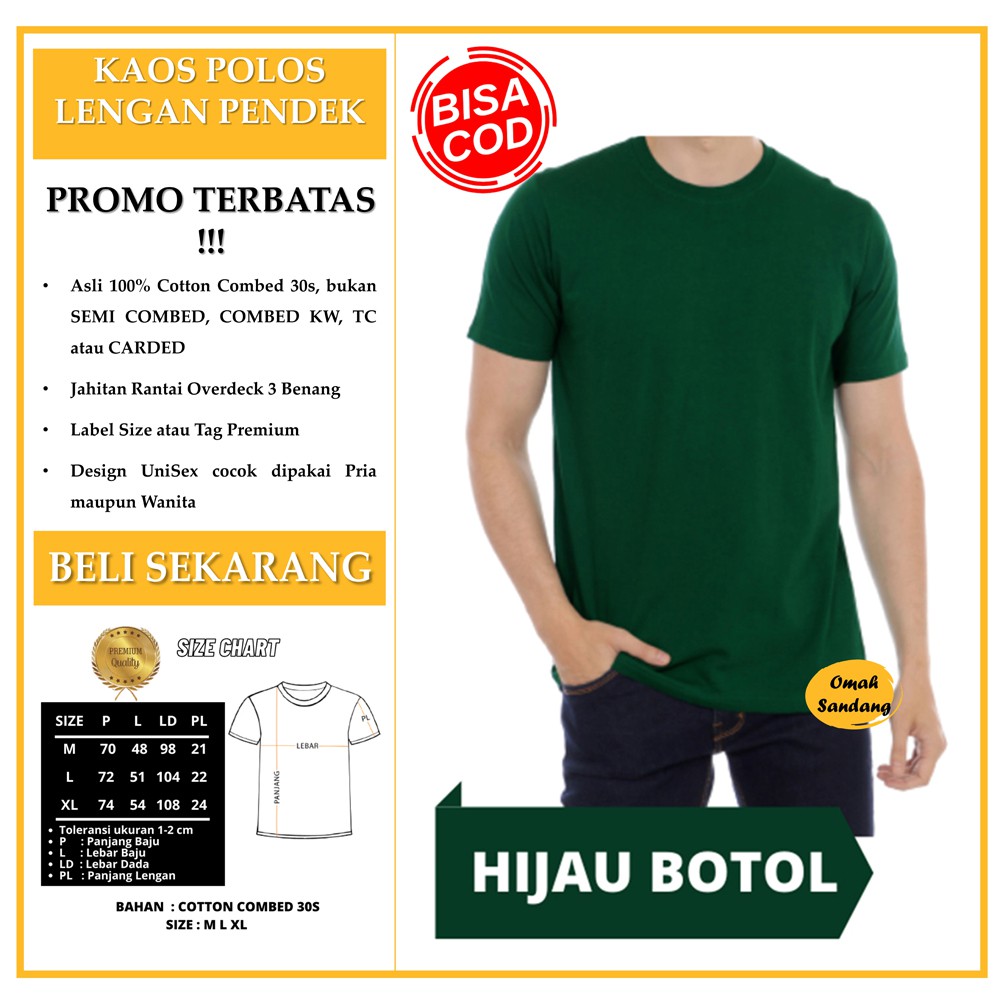BISA COD) Kaos Polos HIJAU BOTOL Lengan Pendek Cotton Combed 30s Pria  Wanita Premium | Shopee Indonesia