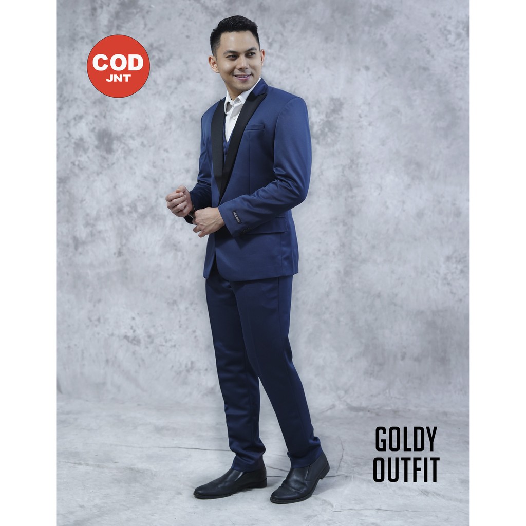 GOLDY OUTFIT Jas Celana & Rompi Biru Navy Lapel Hitam BISA COD Shopee Indonesia