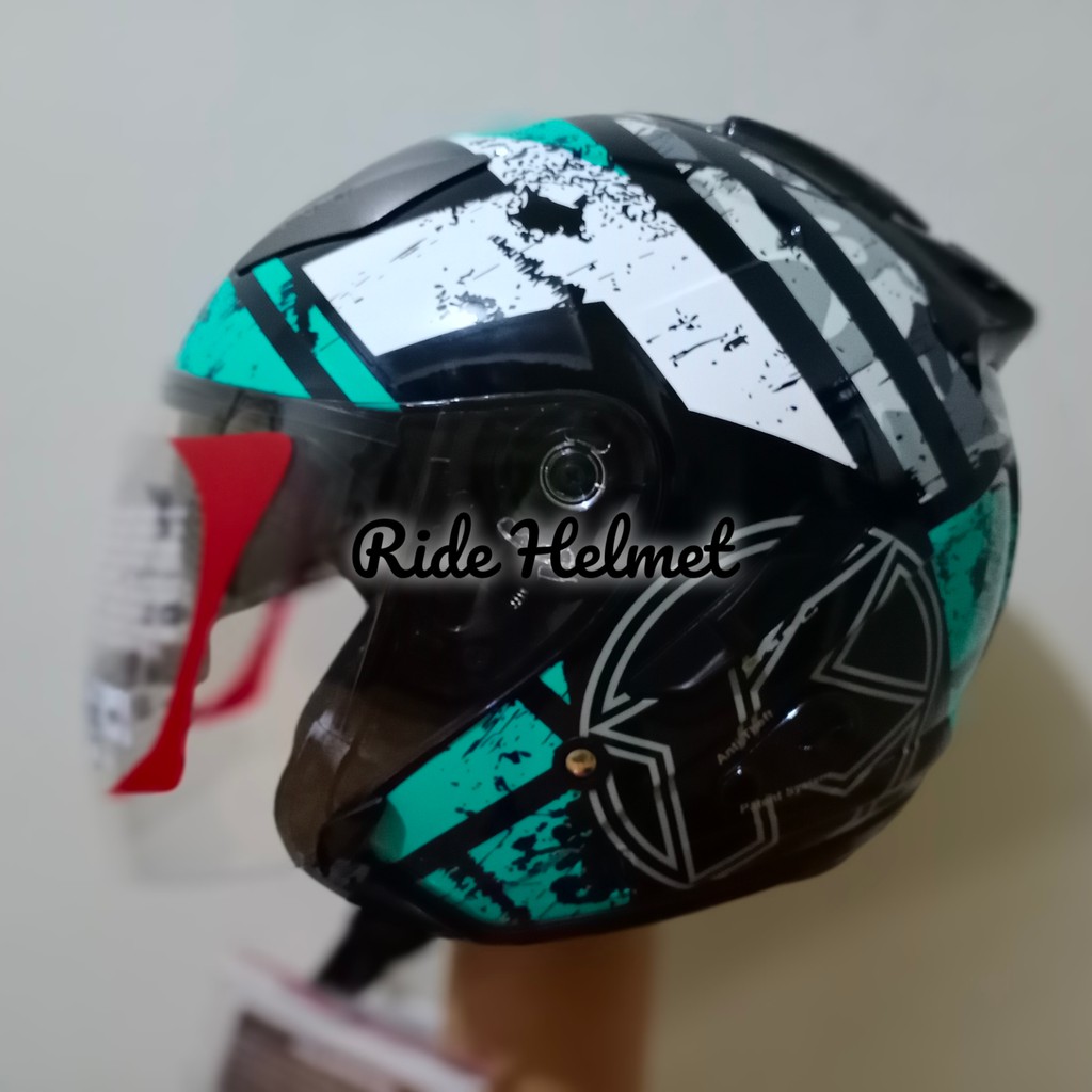 Jual Helm Half Face KYT Galaxy Slide Motif Seri 5 Black Aqua Blue Biru
