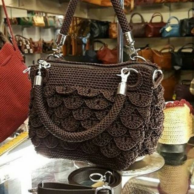 Tas Rajut Wanita Triple Sisik Bonza Tali Ulir Coklat Tua Handbag Jinjing Selempang Murah