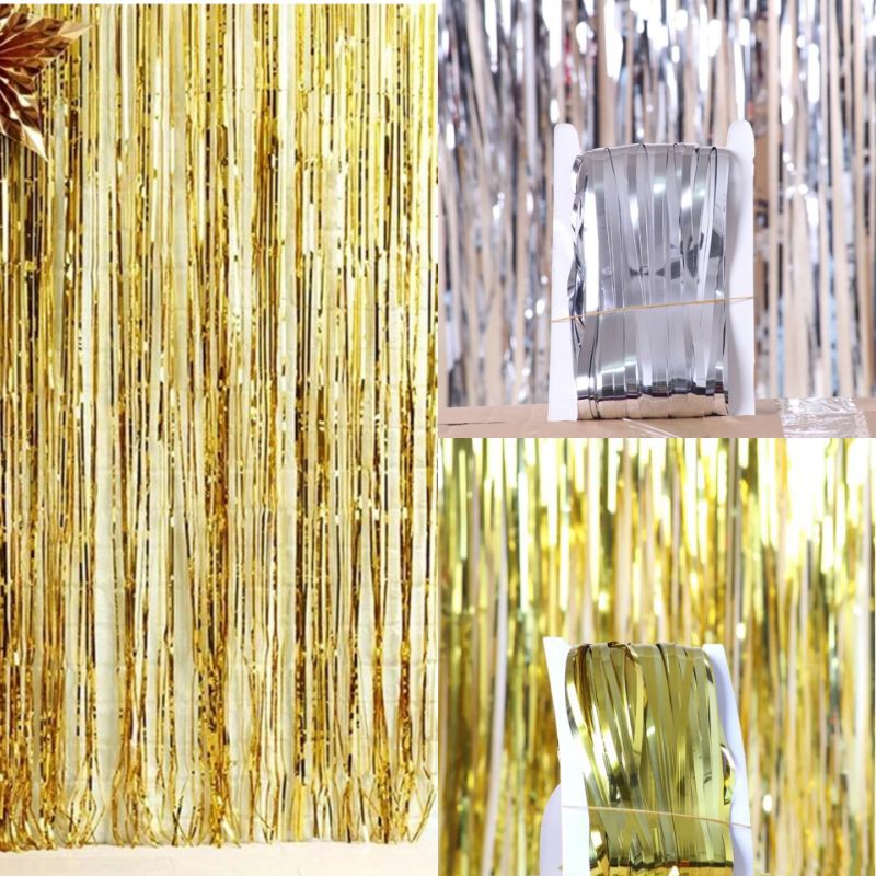 Jual Foil curtain tirai rumbai hiasan backdrop dinding gold promo abu silver perak emas abuabu
