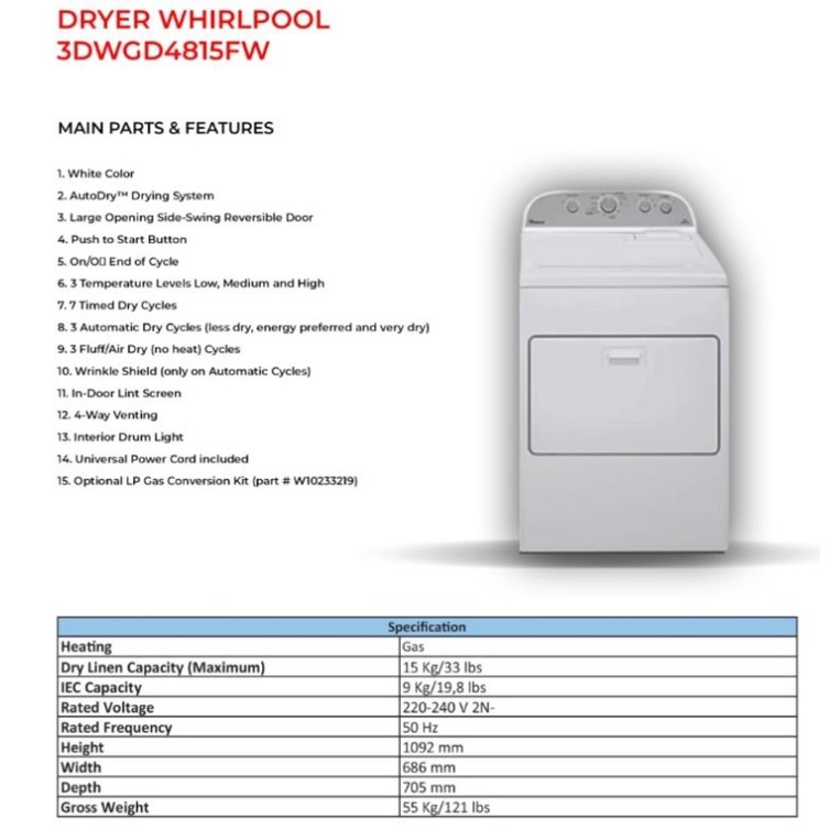 Jual Mesin Pengering Dryer Whirlpool 15 Kg Made In USA Gas Asli